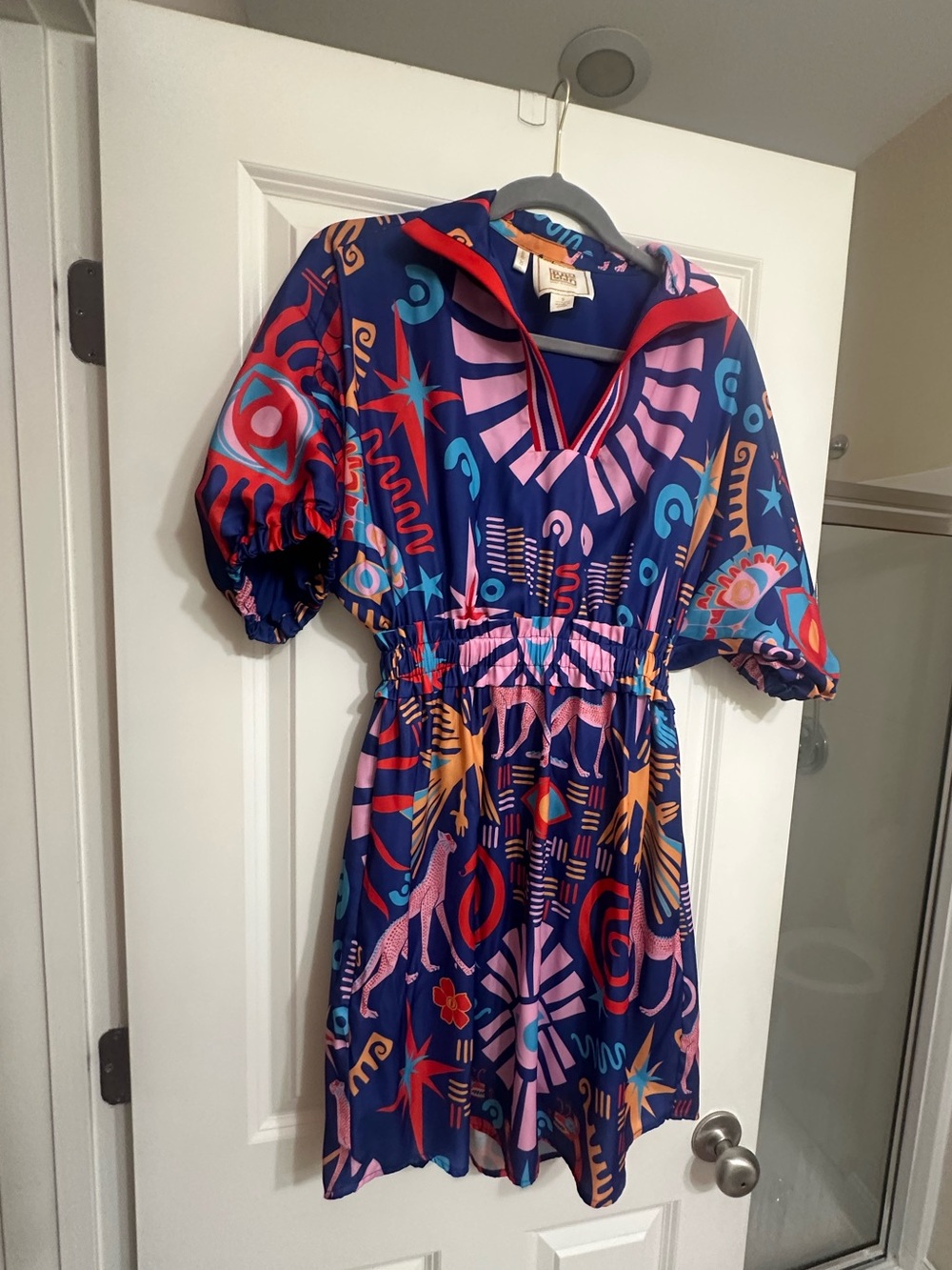 Vibrant Abstract Print Dress - Navy & Pink